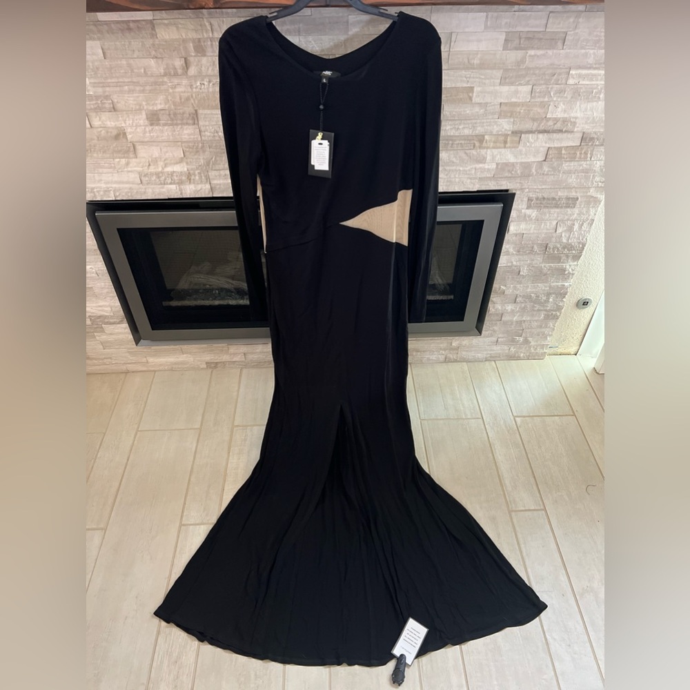 NWT: ABS by Allen Schwartz Black Long Sleeve Mesh Cut-Out Gown with Slit, Large